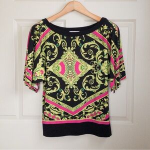 Joseph Ribkoff Black Neon Green Hot Pink Paisley Top buy this pick 1 JF for 🆓